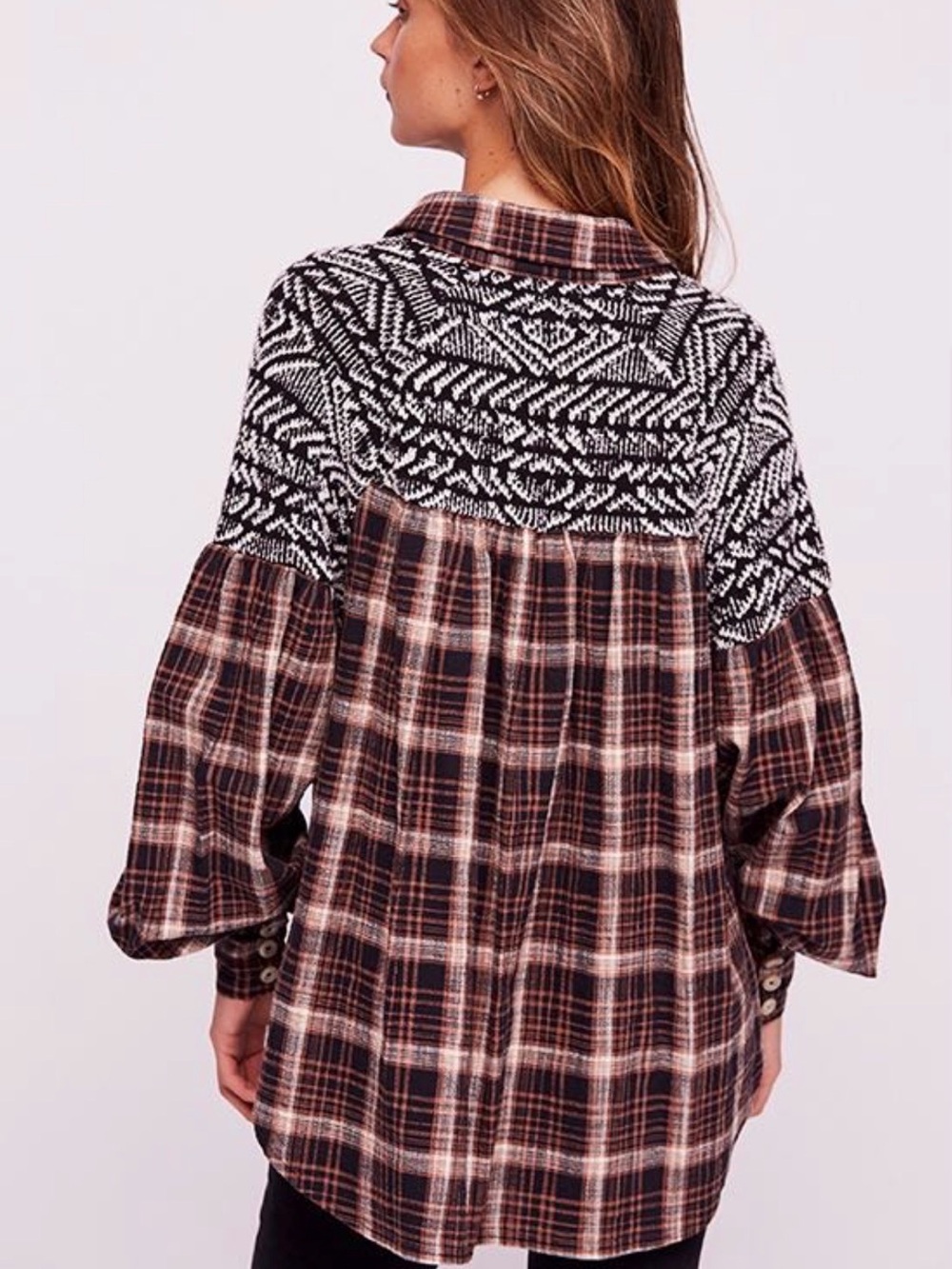 Free People Fireside Nights Plaid Mixed Media Flannel Shirt Top Black Brown XS
